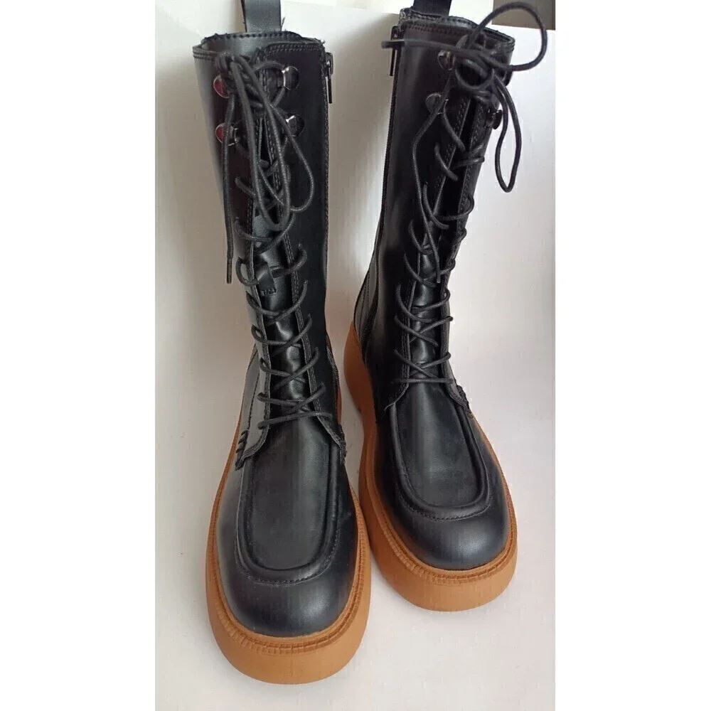 Mango Charles Boots MNG Size 9.5 US EUR 41 Lace-up Leather Black Tall Chunky - Picture 2 of 10